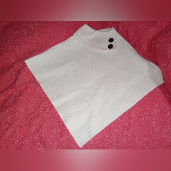 LeModa Cream cape/poncho brn button accents on cowl fold down neck, OS - Picture 4 of 6